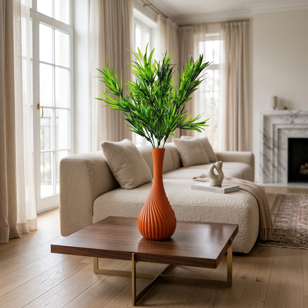 Bottle Shape Spiral Plastic Vase (Brown) with Bunch of Plastic Plant