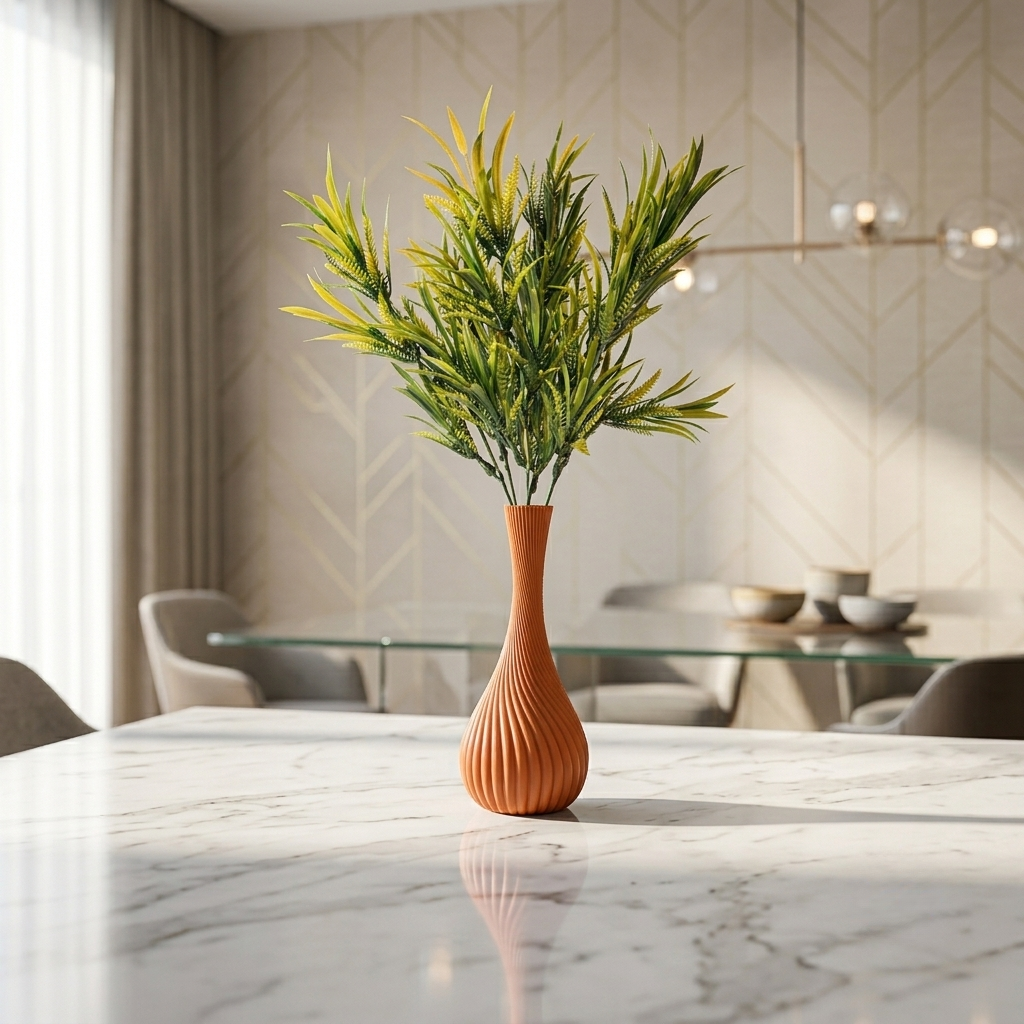 Bottle Shape Spiral Plastic Vase (Brown) with Bunch of Plastic Plant