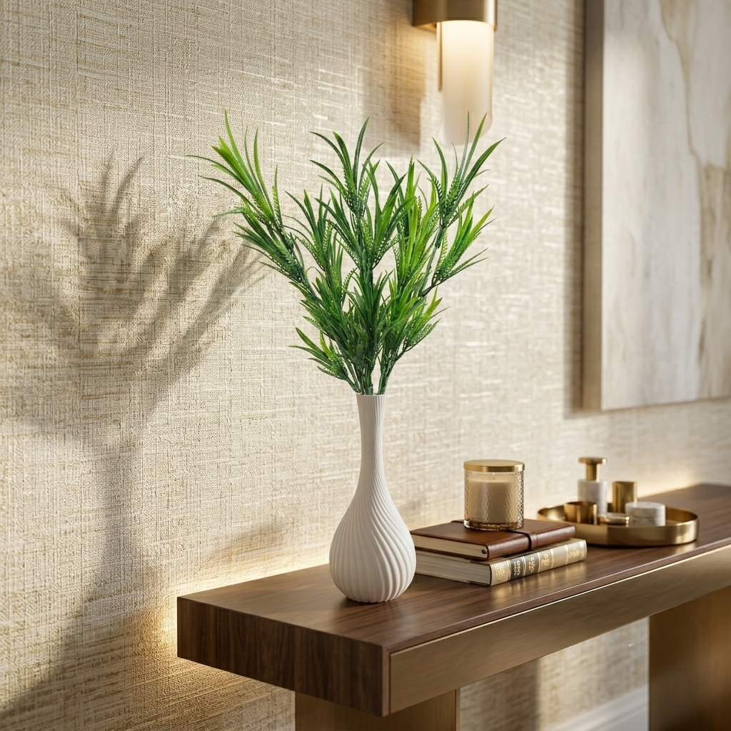 Bottle Shape Spiral Plastic Vase (White) with Bunch of Plastic Plant