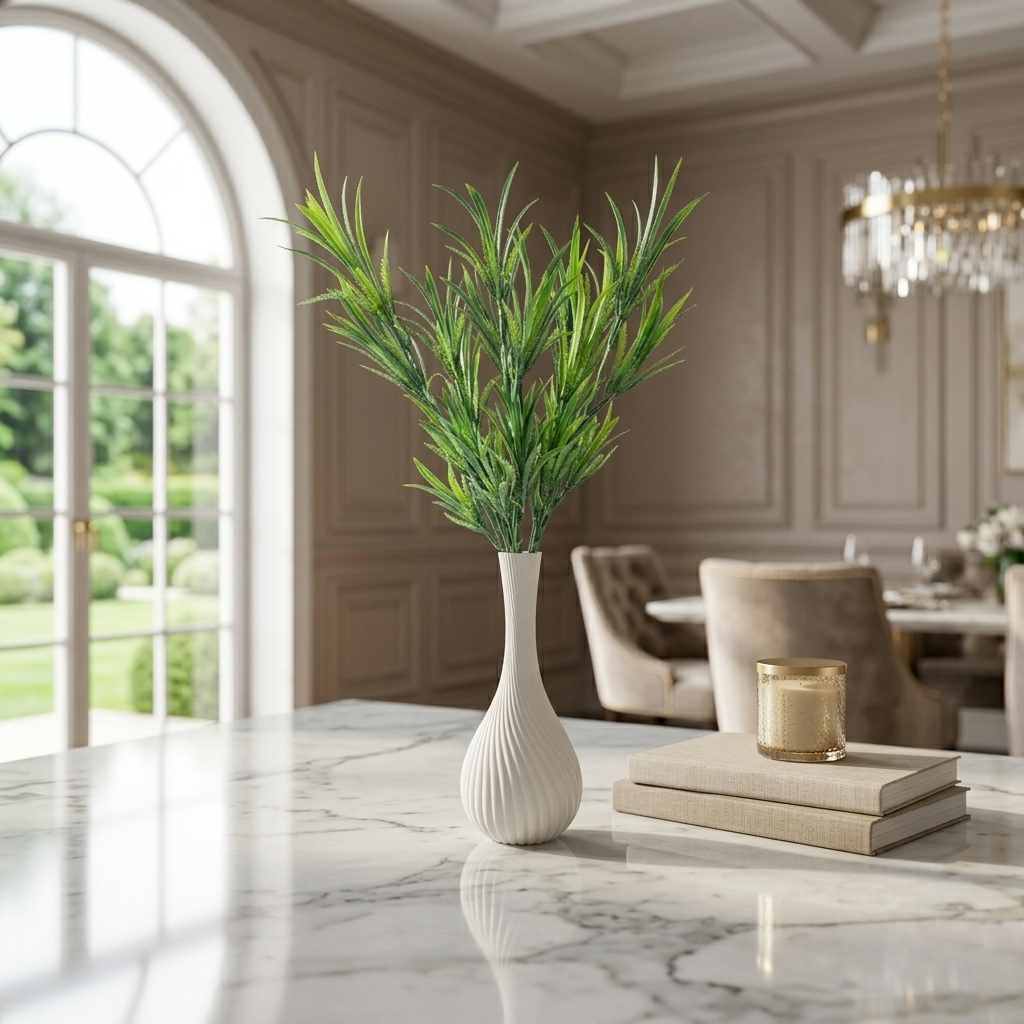 Bottle Shape Spiral Plastic Vase (White) with Bunch of Plastic Plant