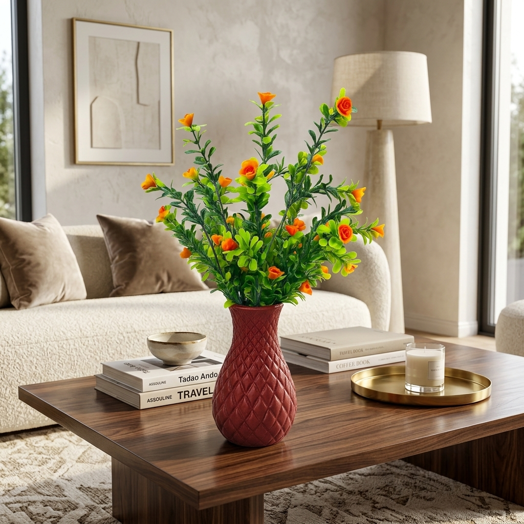 Unique Designer Plastic Vase (Maroon) with Bunch of Plastic Plant Leaves & Orange Flowers