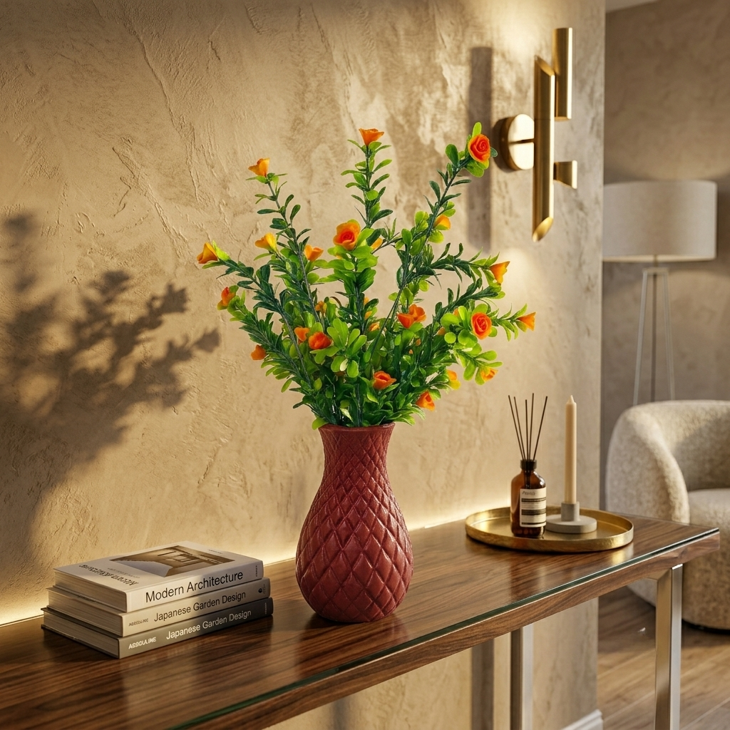 Unique Designer Plastic Vase (Maroon) with Bunch of Plastic Plant Leaves & Orange Flowers