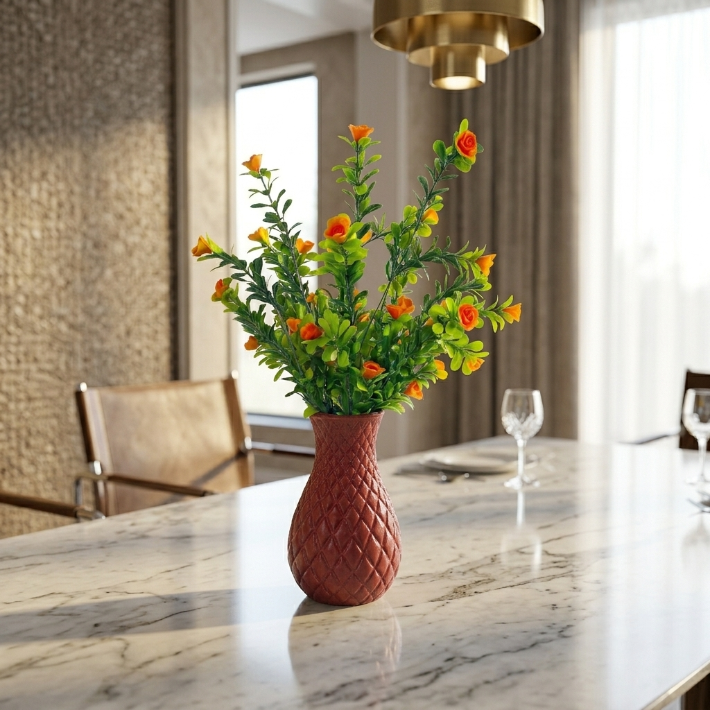 Unique Designer Plastic Vase (Maroon) with Bunch of Plastic Plant Leaves & Orange Flowers