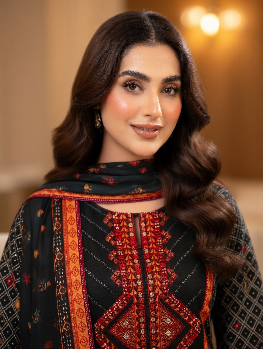 3-Pcs Printed & Embroidered Lawn Suit (Stitched)