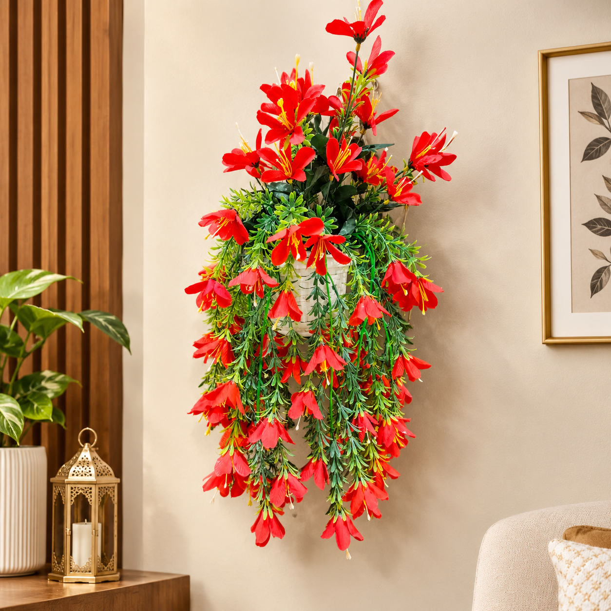Red Lilly Artificial Flower Bail in Plastic Basket for Wall Hanging