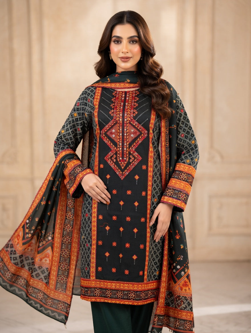 3-Pcs Printed & Embroidered Lawn Suit (Stitched)