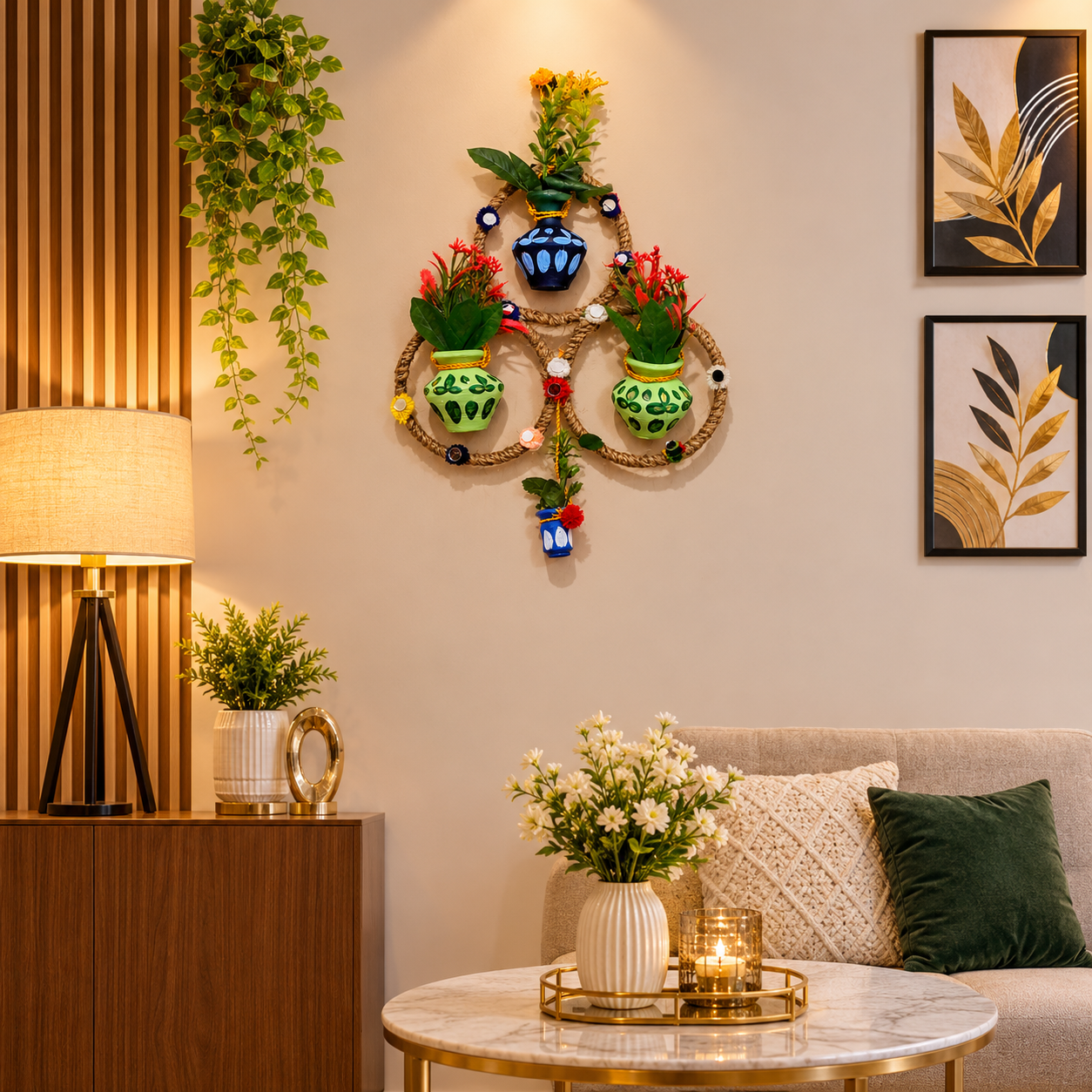 Handmade Triple Ring Wall Hanging with Painted Mud Pots and Artificial Flowers