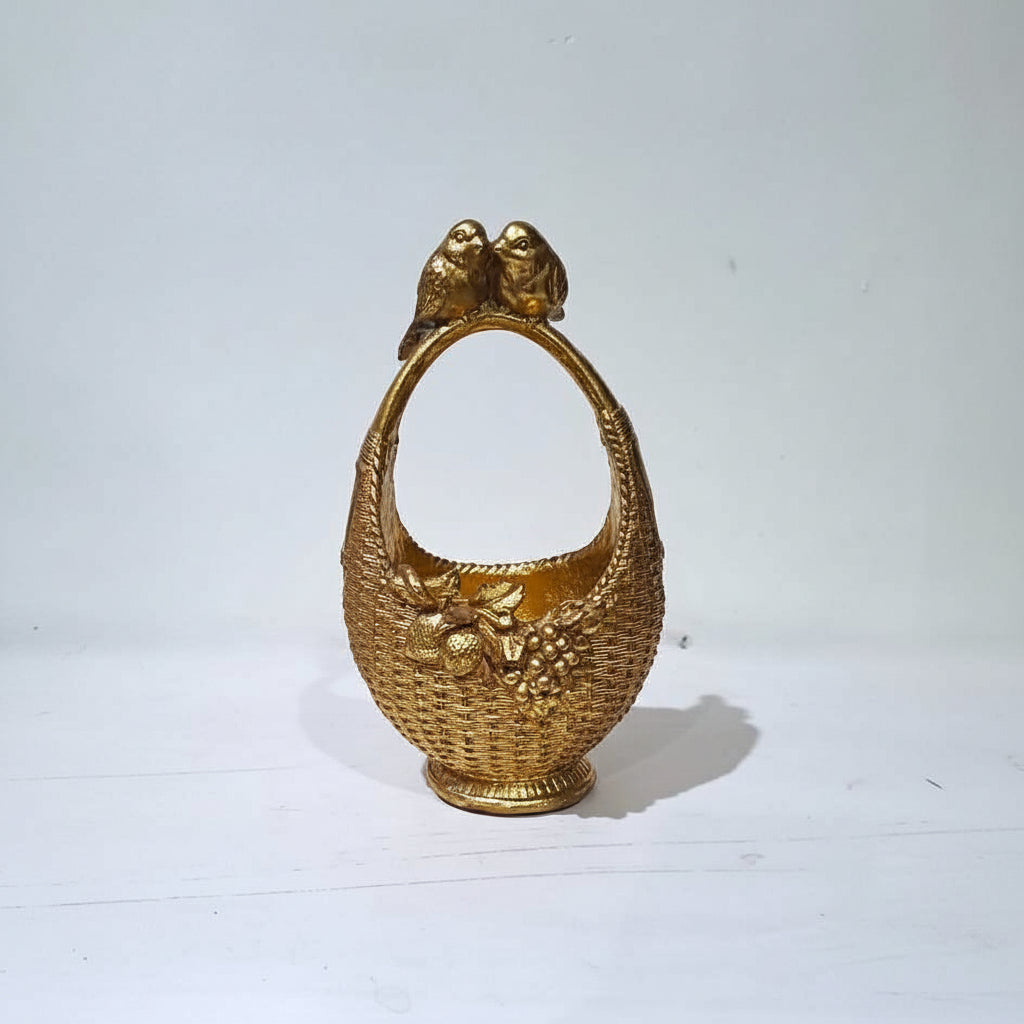 Flowers & Fruits Embossed Golden Resin Basket with Pair of Love Birds at Top handle