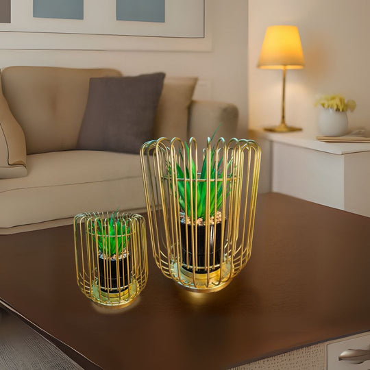 Cactus with Planter inside Acute Metallic Structure (2 Pcs set)