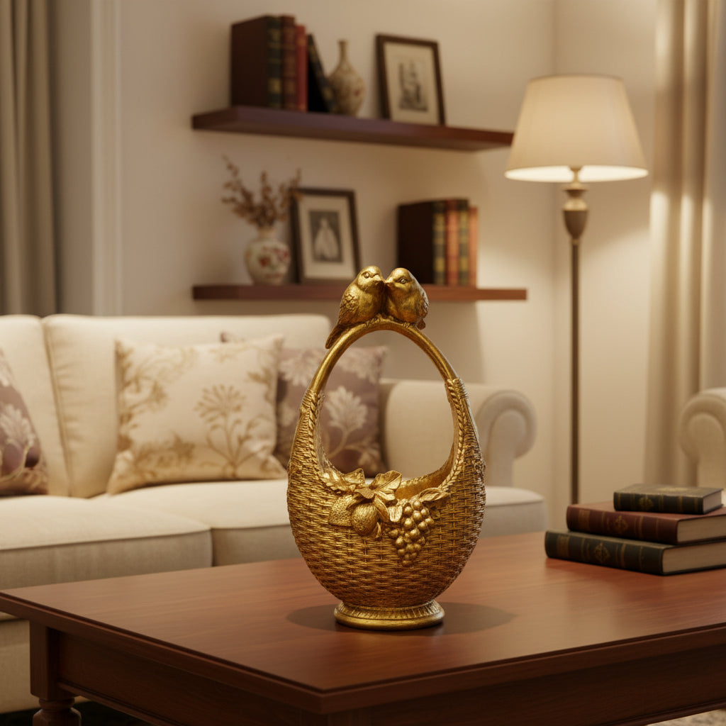Flowers & Fruits Embossed Golden Resin Basket with Pair of Love Birds at Top handle