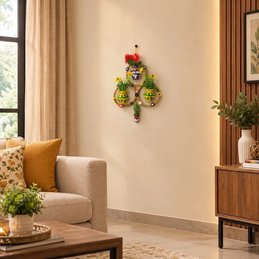 Handmade Triple Ring Wall Hanging with Painted Mud Pots and Artificial Flowers