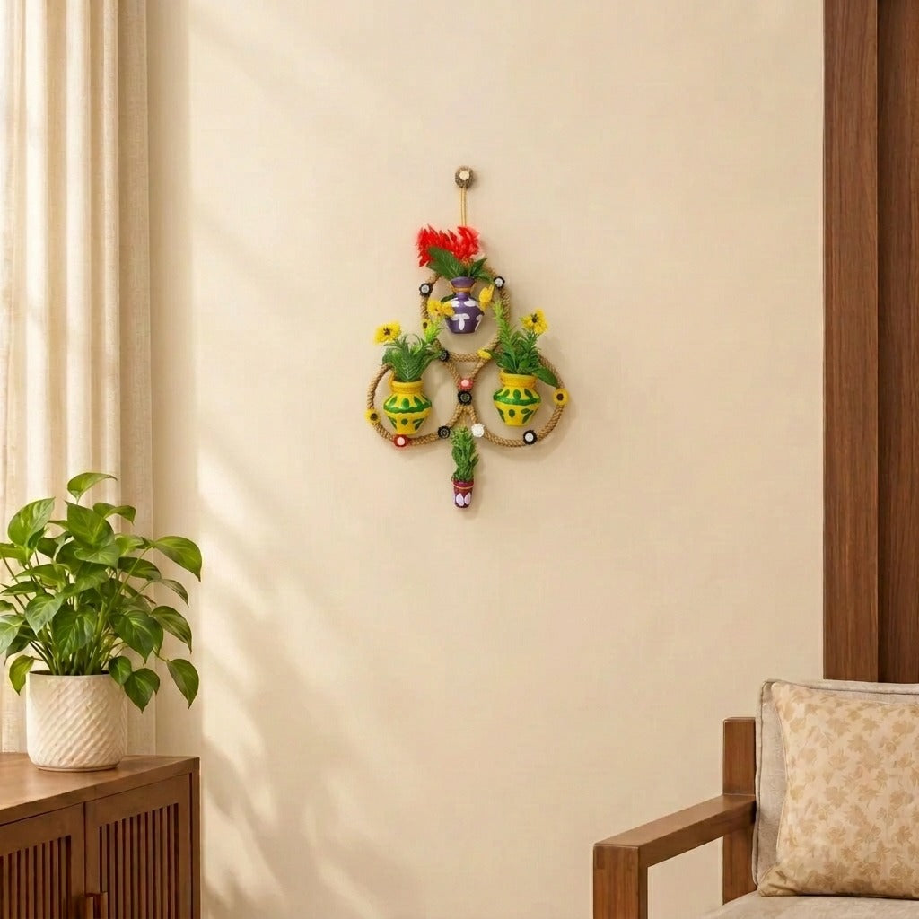 Handmade Triple Ring Wall Hanging with Painted Mud Pots and Artificial Flowers