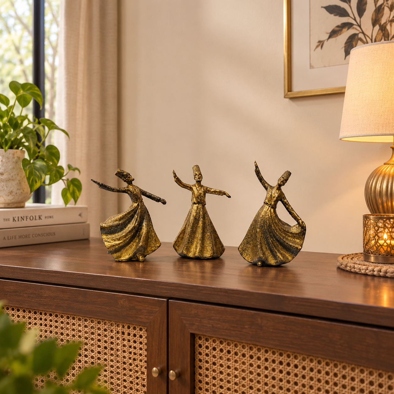 3-Pcs Set of Glitter Finished Antique Golden-Black Resin Statues of Dancing Sufis