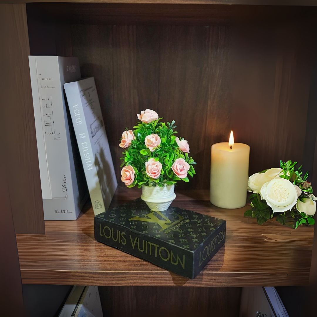 White Ceramic Pot with Classic Green Plant with Peach Flowers