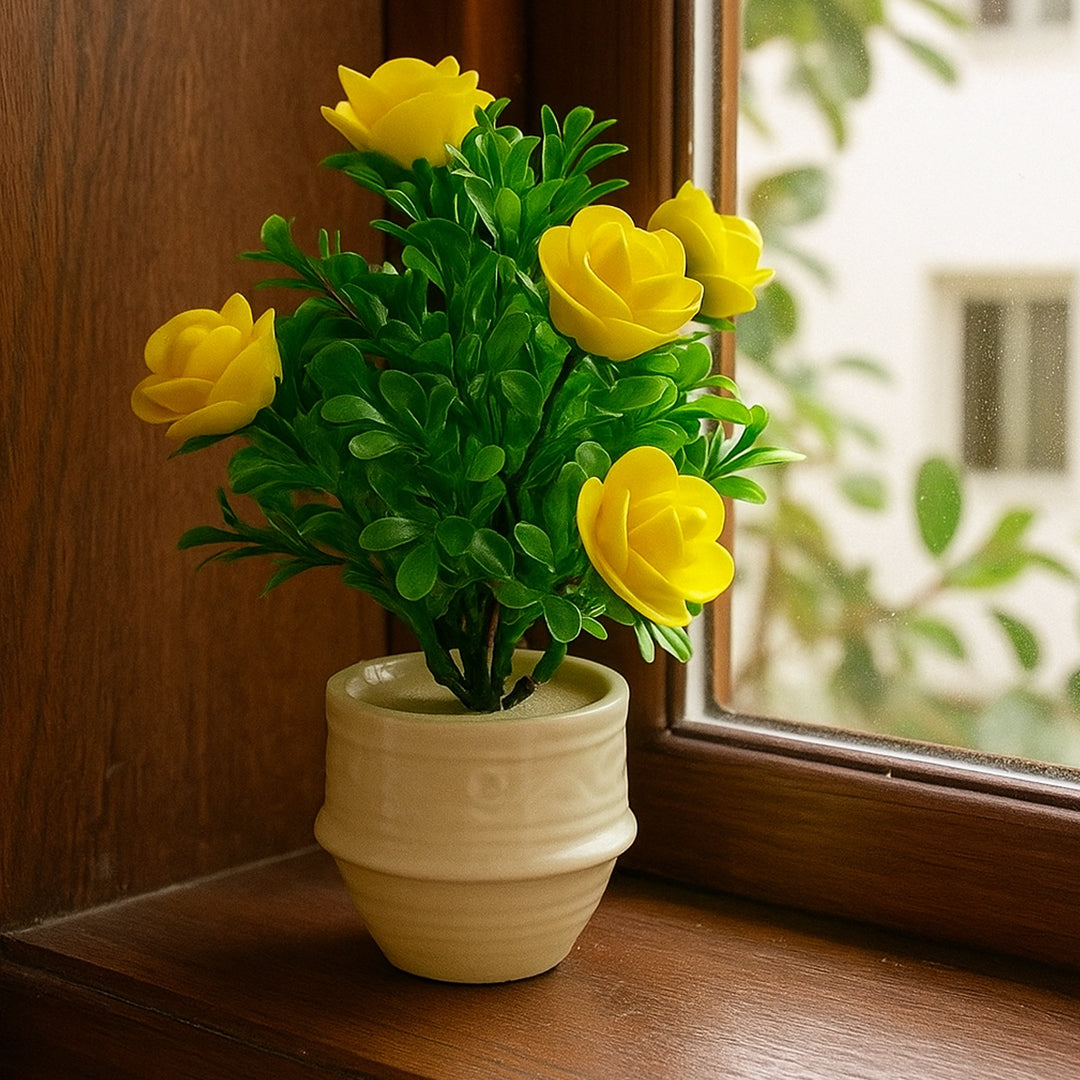 White Ceramic Pot with Classic Green Plant with Yellow Flowers