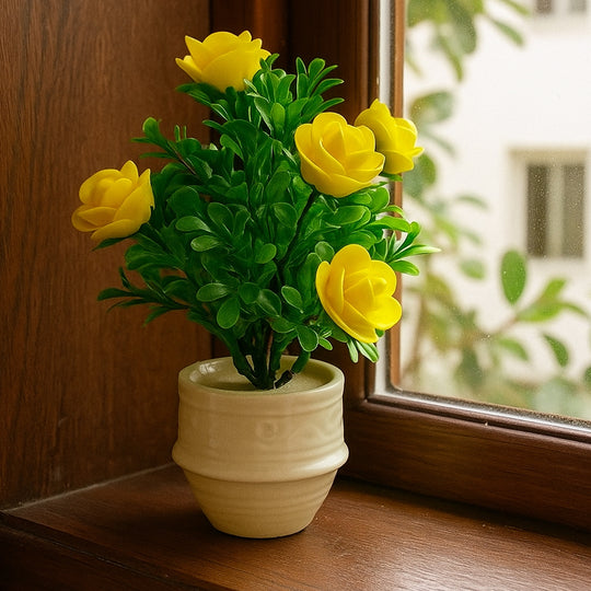 White Ceramic Pot with Classic Green Plant with Yellow Flowers