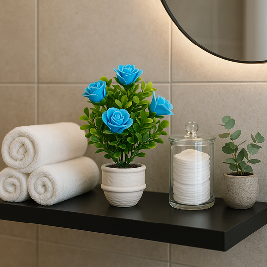 White Ceramic Pot with Classic Green Plant with Blue Flowers