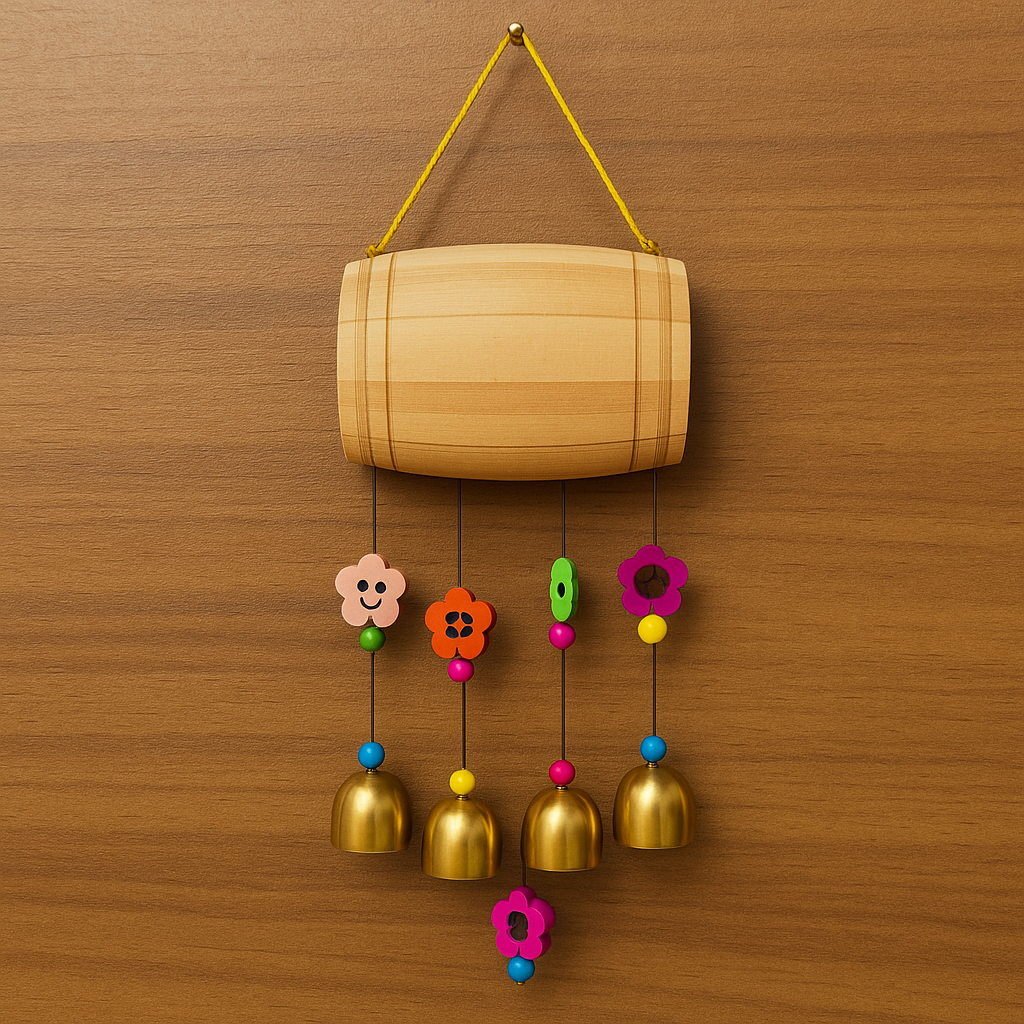 Wooden Drum Shape Wind Chime With Golden Bells