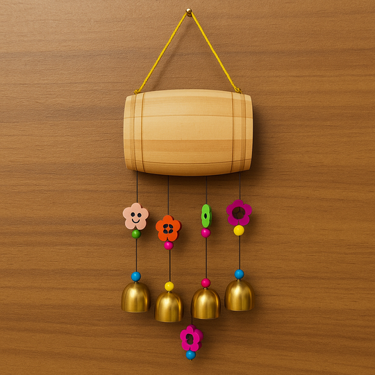 Wooden Drum Shape Wind Chime With Golden Bells