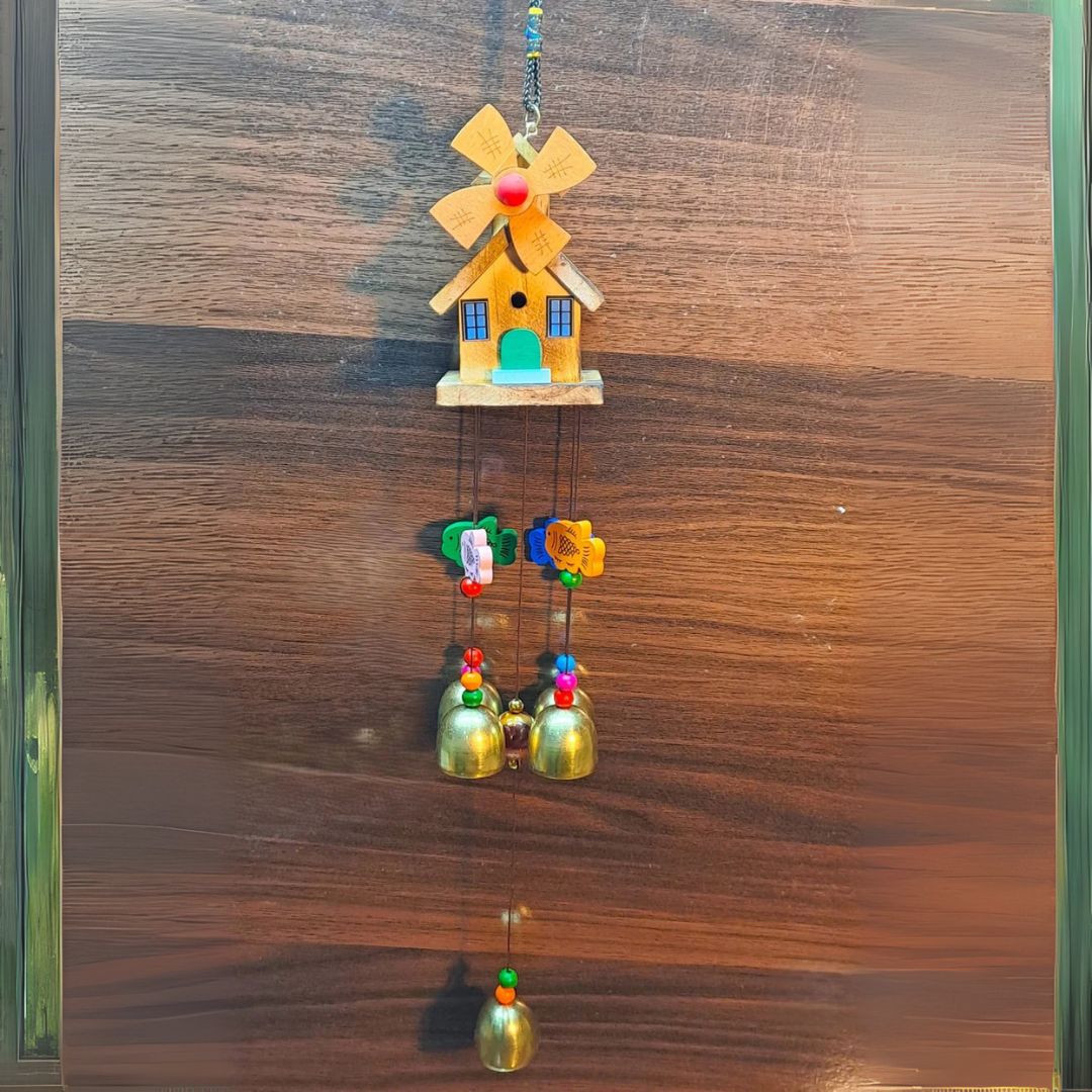 Wooden Model House Wind Chime With Golden Bells