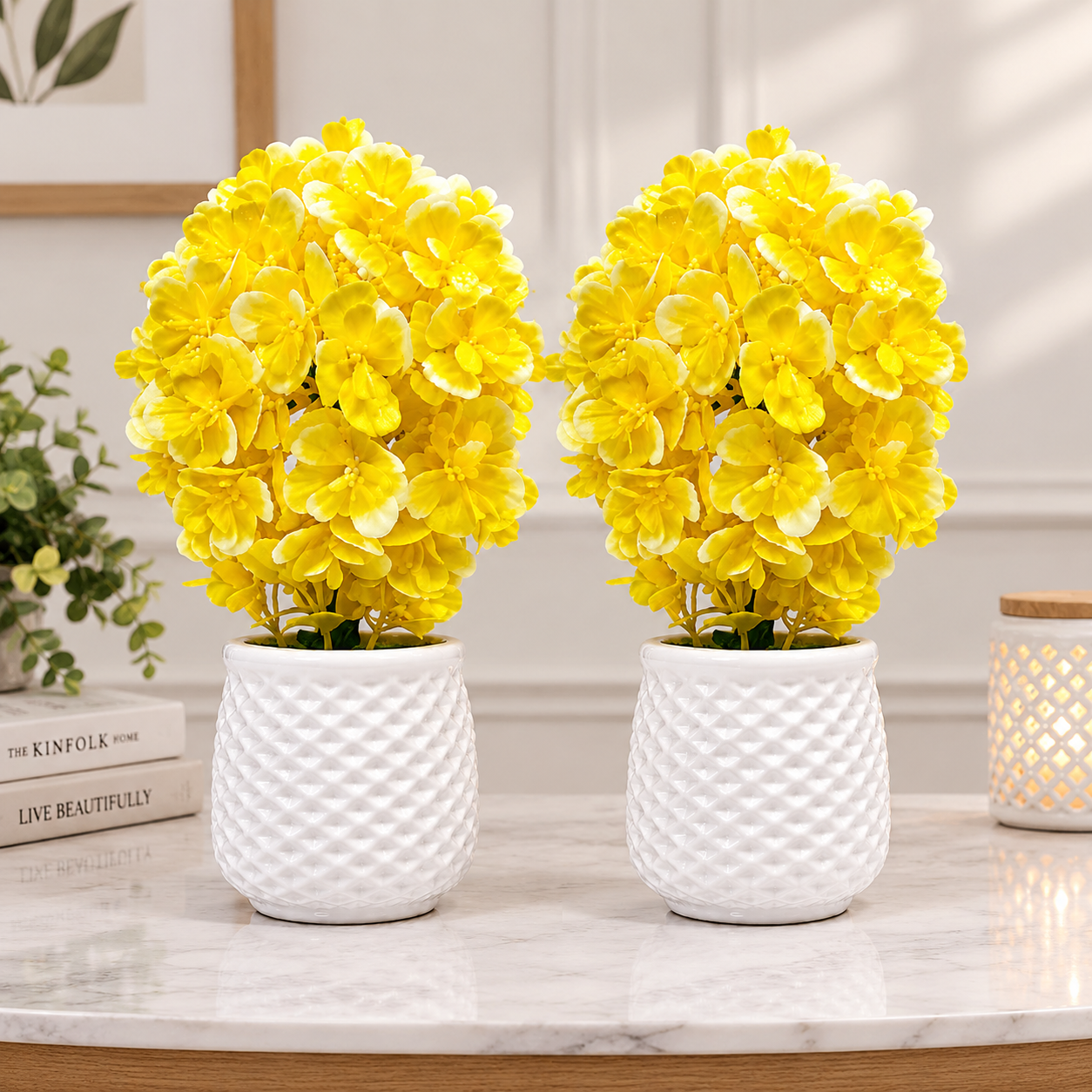 Pack of 2 White Textured Plastic Pots with artificial Yellow Plant