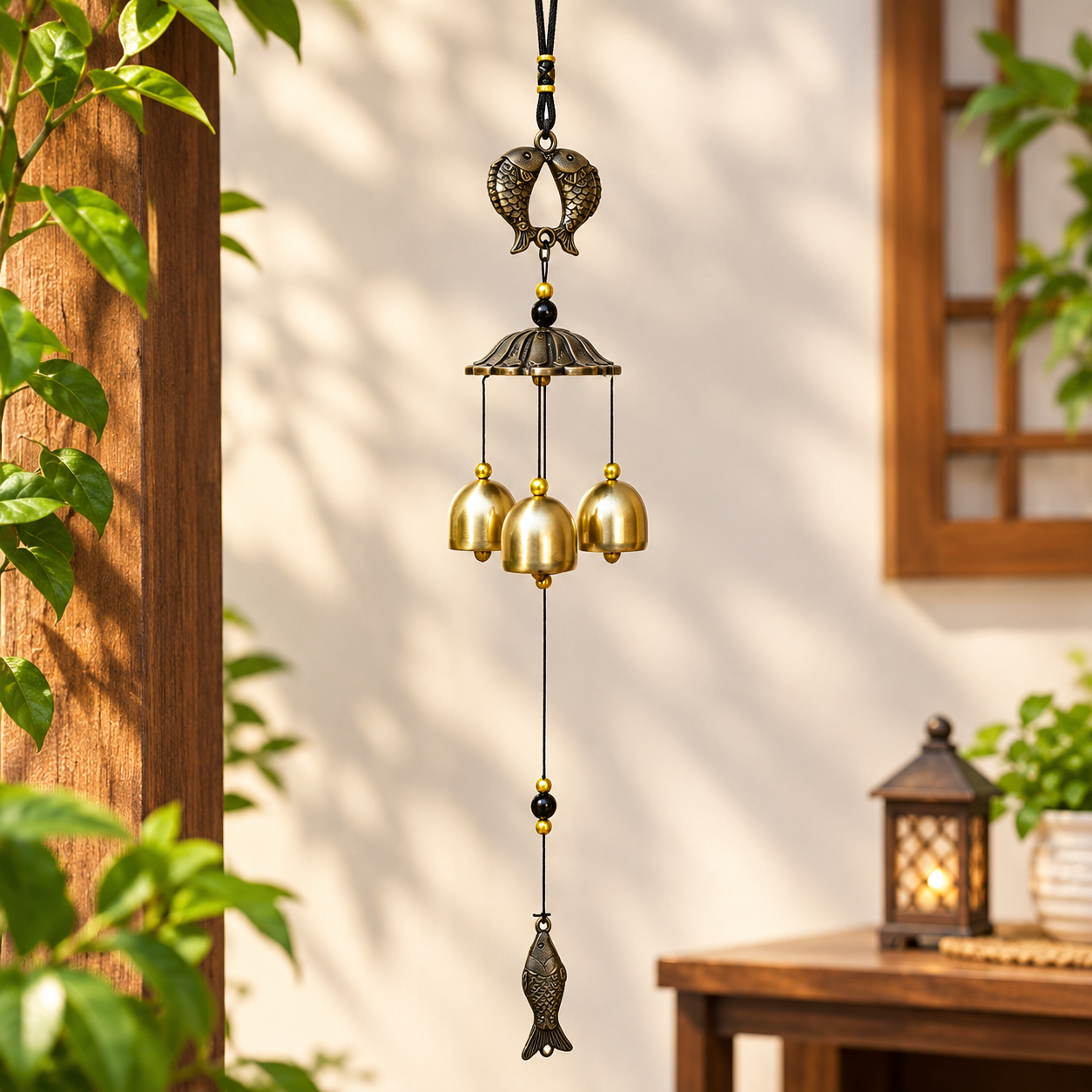 Metallic Feng Shui Wind Chime with dual fishes, a Pagoda-Style top cap, three Crisp Bells, and a fish Charm at the bottom.