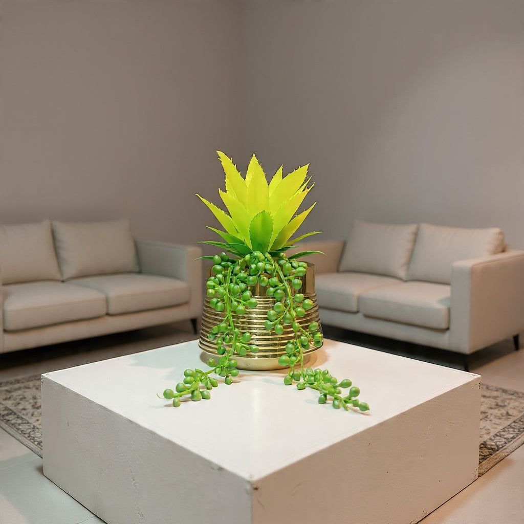 Classic Golden Ceramic Pot with artificial Cactus Plant & Succulent Pearls