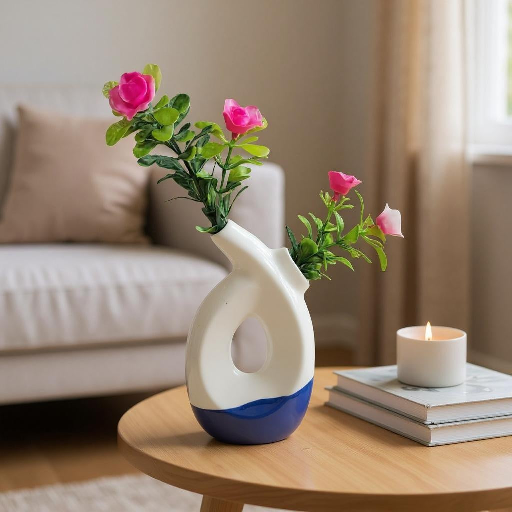 Aesthetic Dual Opening Ceramic Vase with artificial Plastic Plant Leaves & Pink flowers