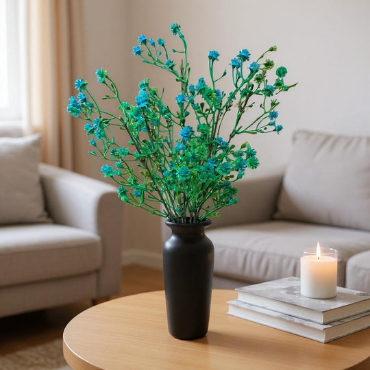 Elegant Ceramic Vase (Black) with Bunch of Plastic Gypsophila Blue Flowers