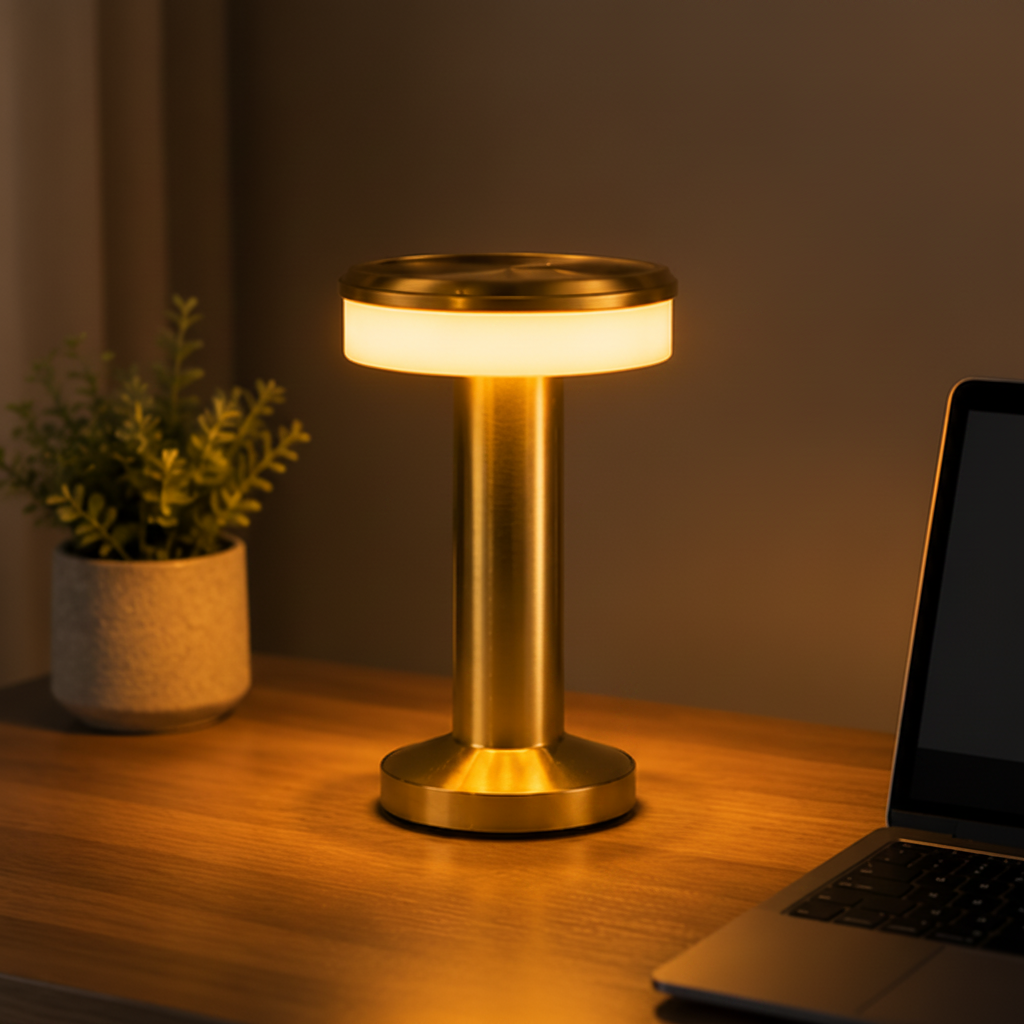Golden LED Desk Lamp – 3 Light Colours, Portable, Rechargeable, Touch Sensor