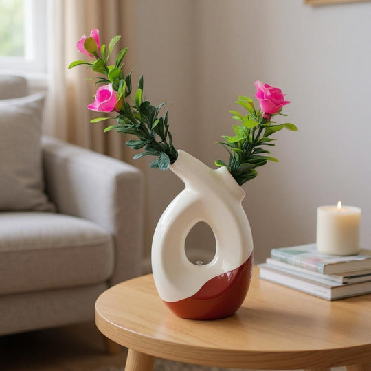 Aesthetic Dual Opening Ceramic Vase with artificial Plastic Plant Leaves & Pink flowers