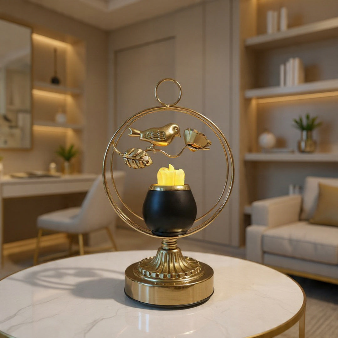 Golden Metallic Candle Stand with Sparrow inside Circle (with LED Candle)