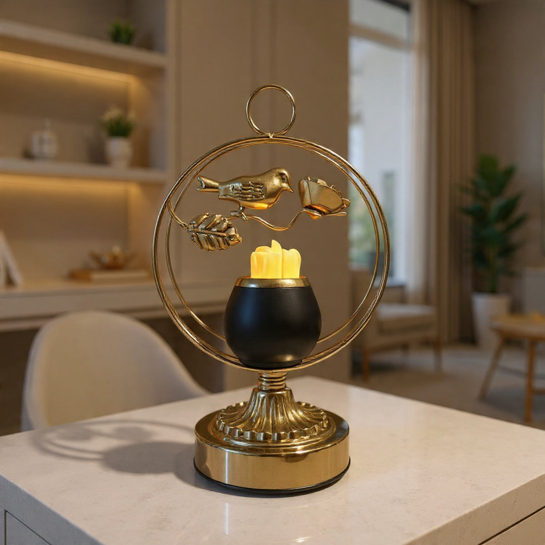 Golden Metallic Candle Stand with Sparrow inside Circle (with LED Candle)