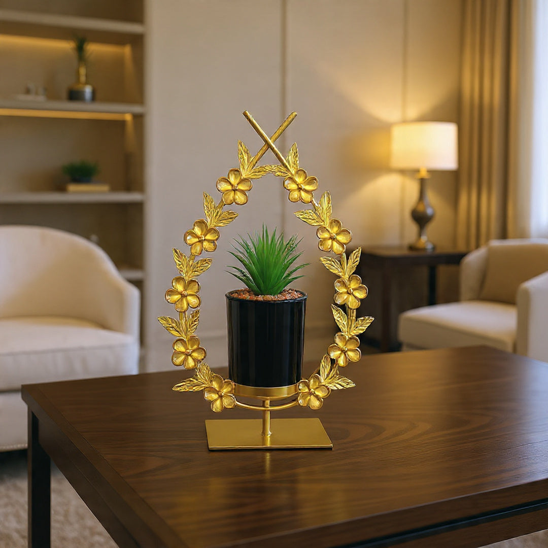 Cactus with Planter inside Metallic Floral Frame