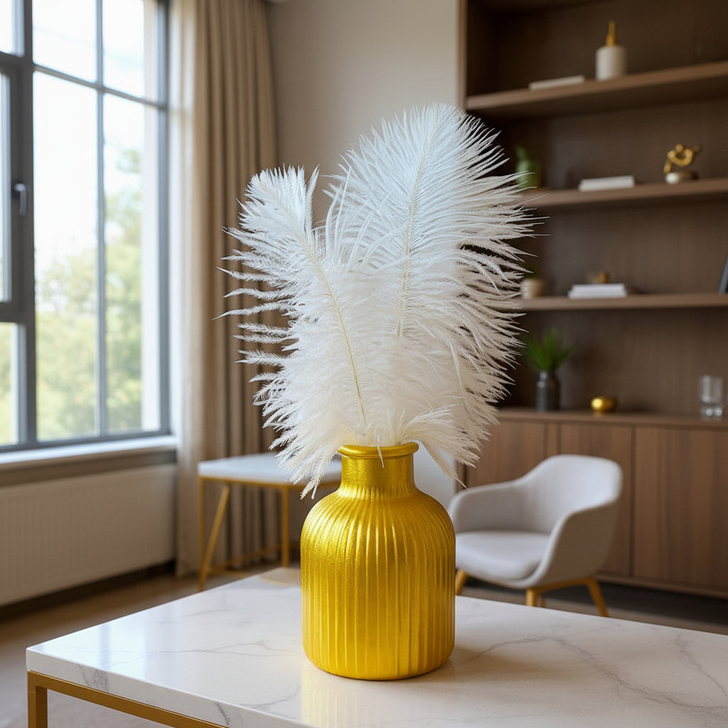 Golden Hand Crafted Vase with Feathers