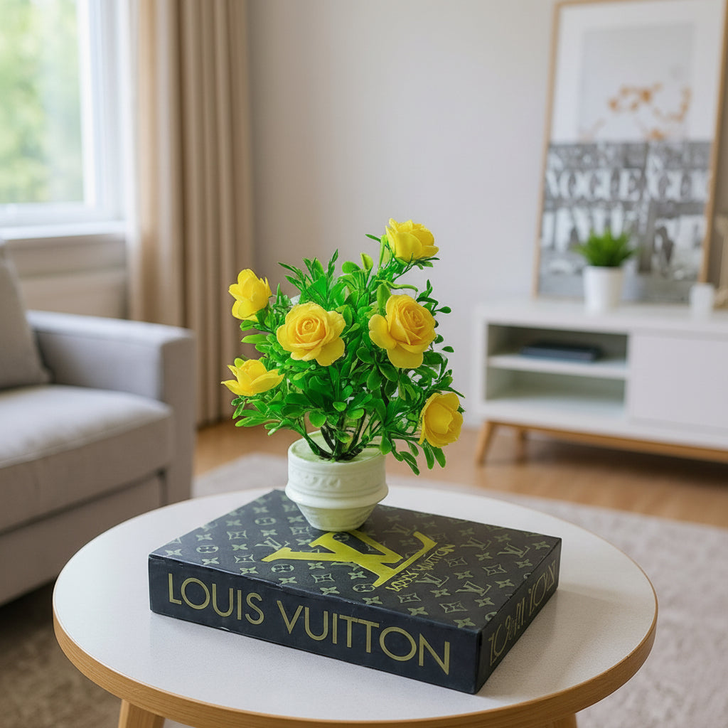 White Ceramic Pot with Classic Green Plant with Yellow Flowers