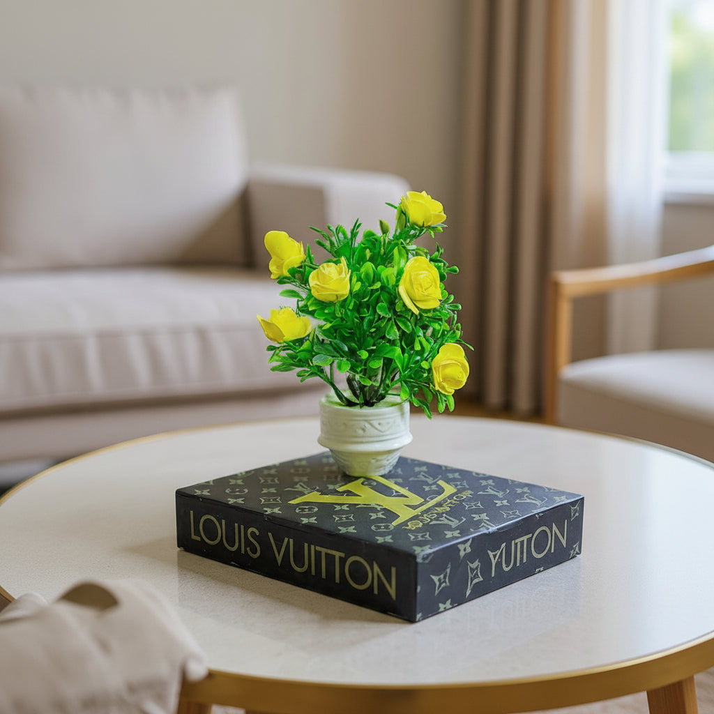 White Ceramic Pot with Classic Green Plant with Yellow Flowers