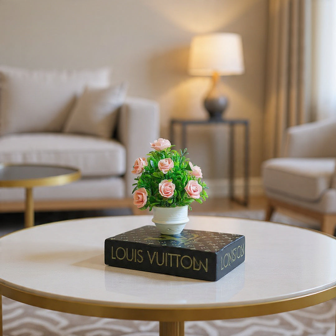 White Ceramic Pot with Classic Green Plant with Peach Flowers