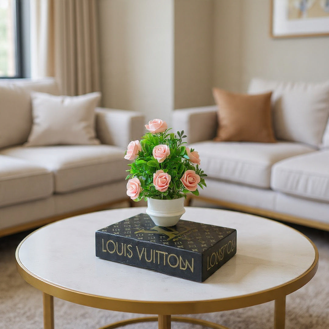 White Ceramic Pot with Classic Green Plant with Peach Flowers