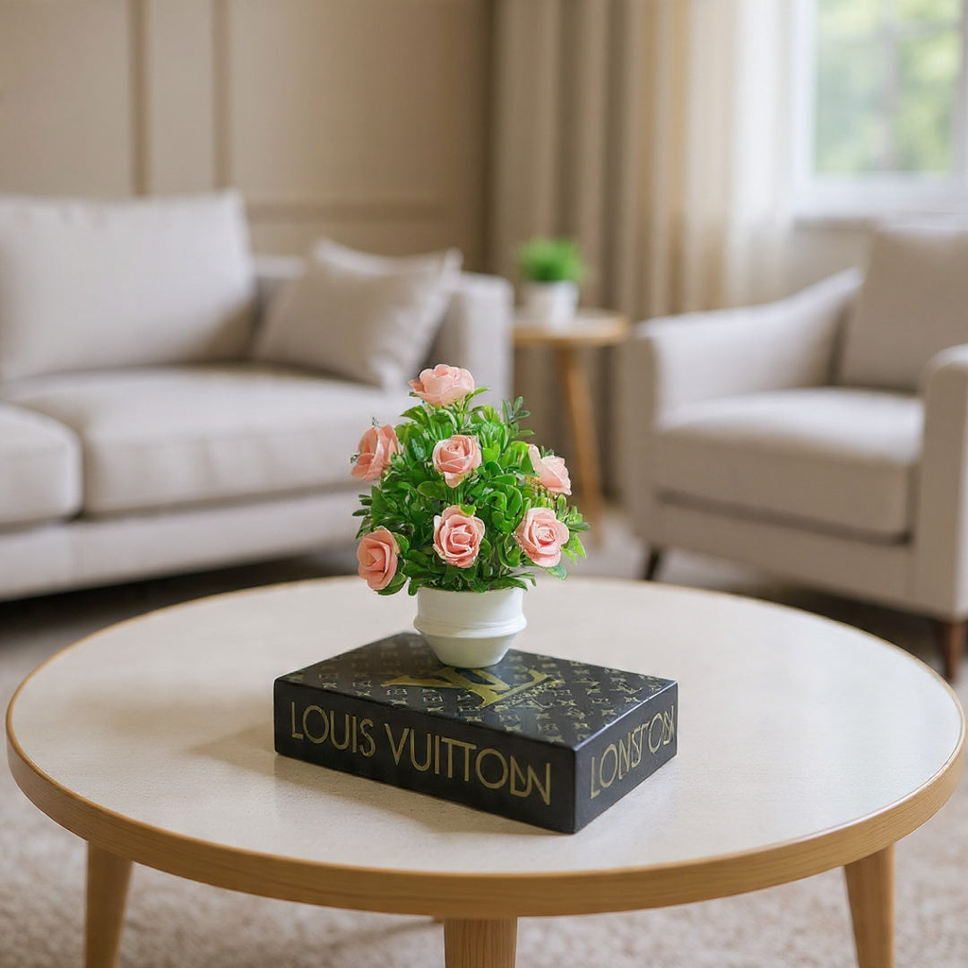 White Ceramic Pot with Classic Green Plant with Peach Flowers