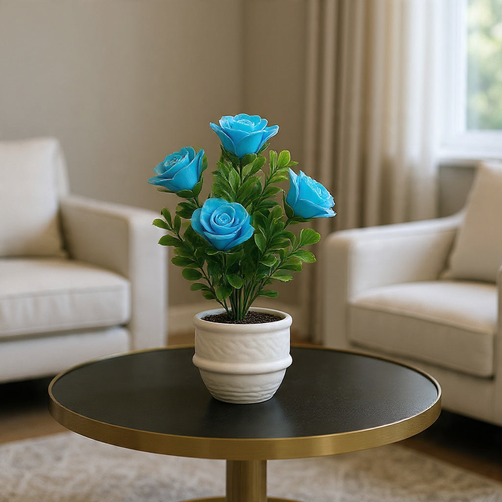 White Ceramic Pot with Classic Green Plant with Blue Flowers