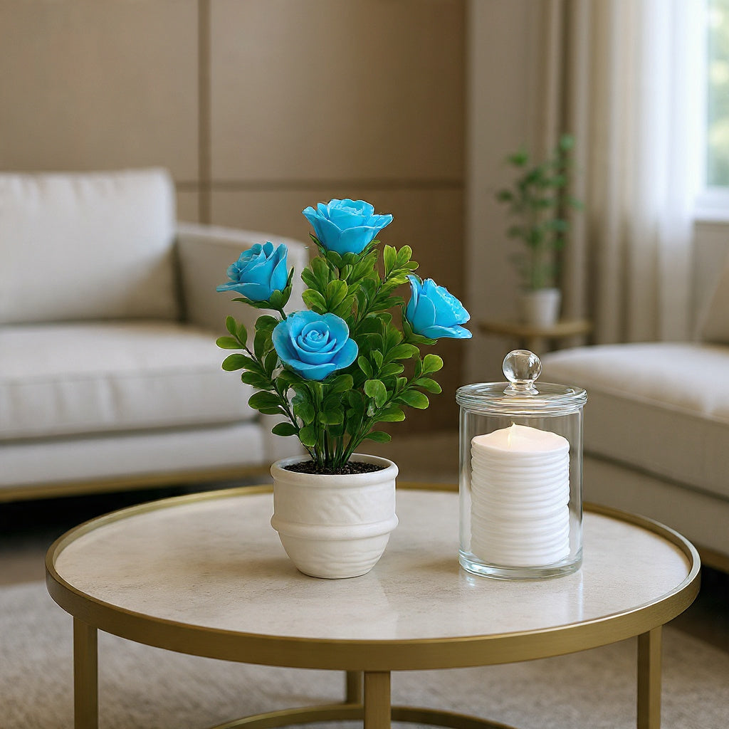 White Ceramic Pot with Classic Green Plant with Blue Flowers