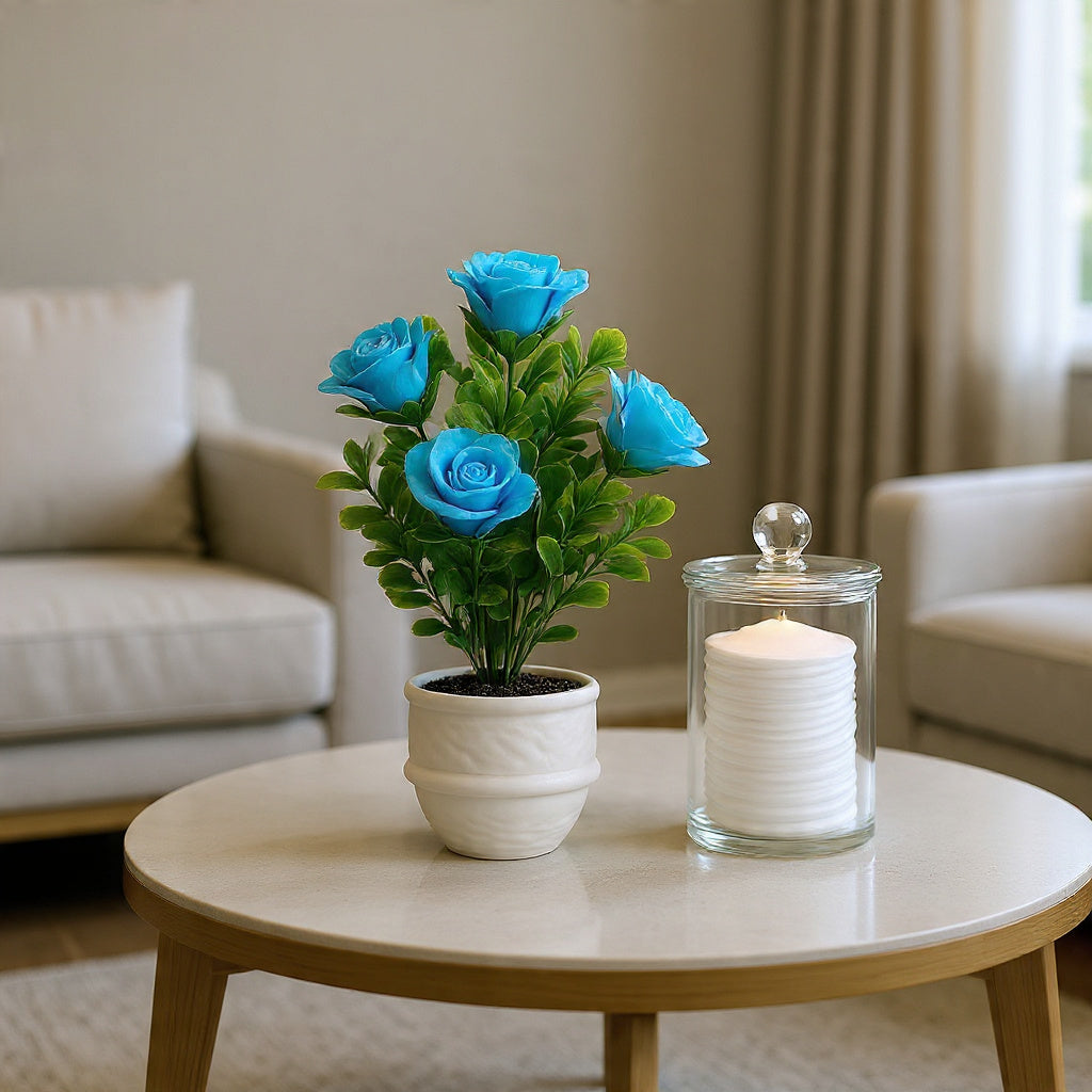 White Ceramic Pot with Classic Green Plant with Blue Flowers