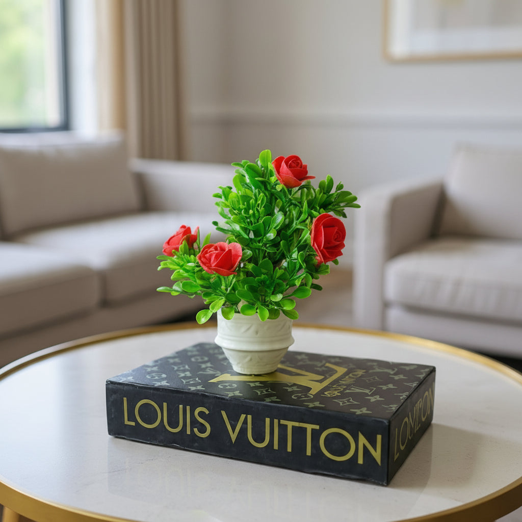 White Ceramic Pot with Classic Green Plant with Red Flowers