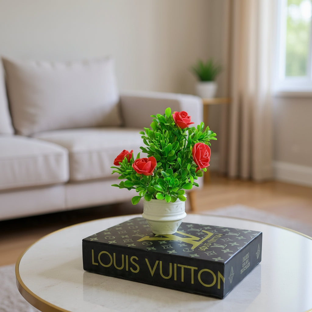 White Ceramic Pot with Classic Green Plant with Red Flowers