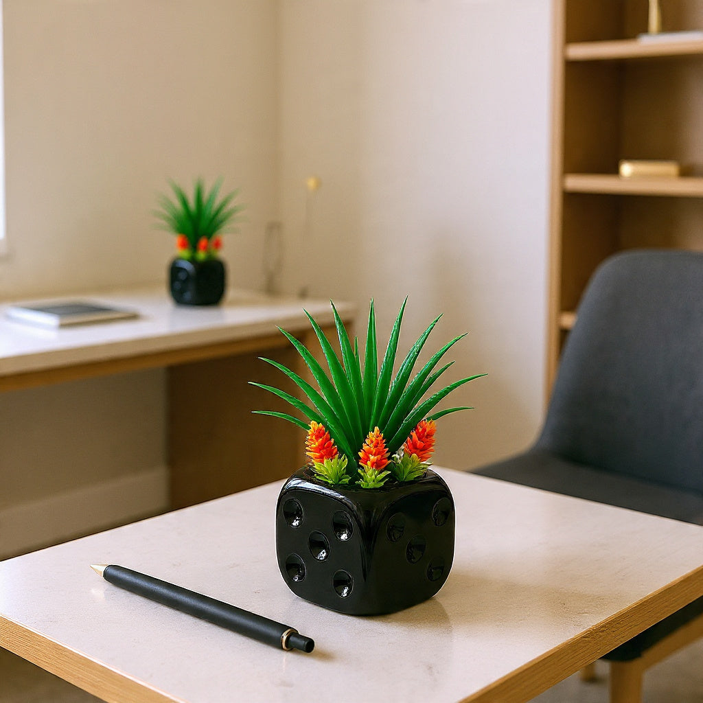 Black Ceramics Pot (Square Shape) with artificial Plants