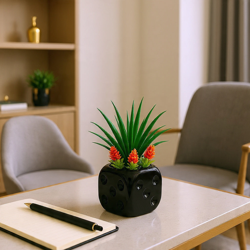 Black Ceramics Pot (Square Shape) with artificial Plants