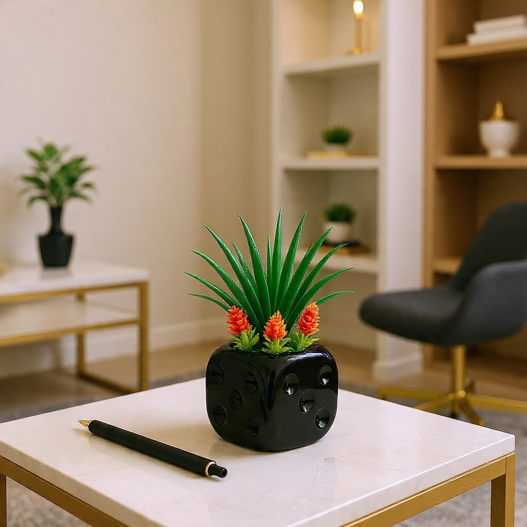 Black Ceramics Pot (Square Shape) with artificial Plants