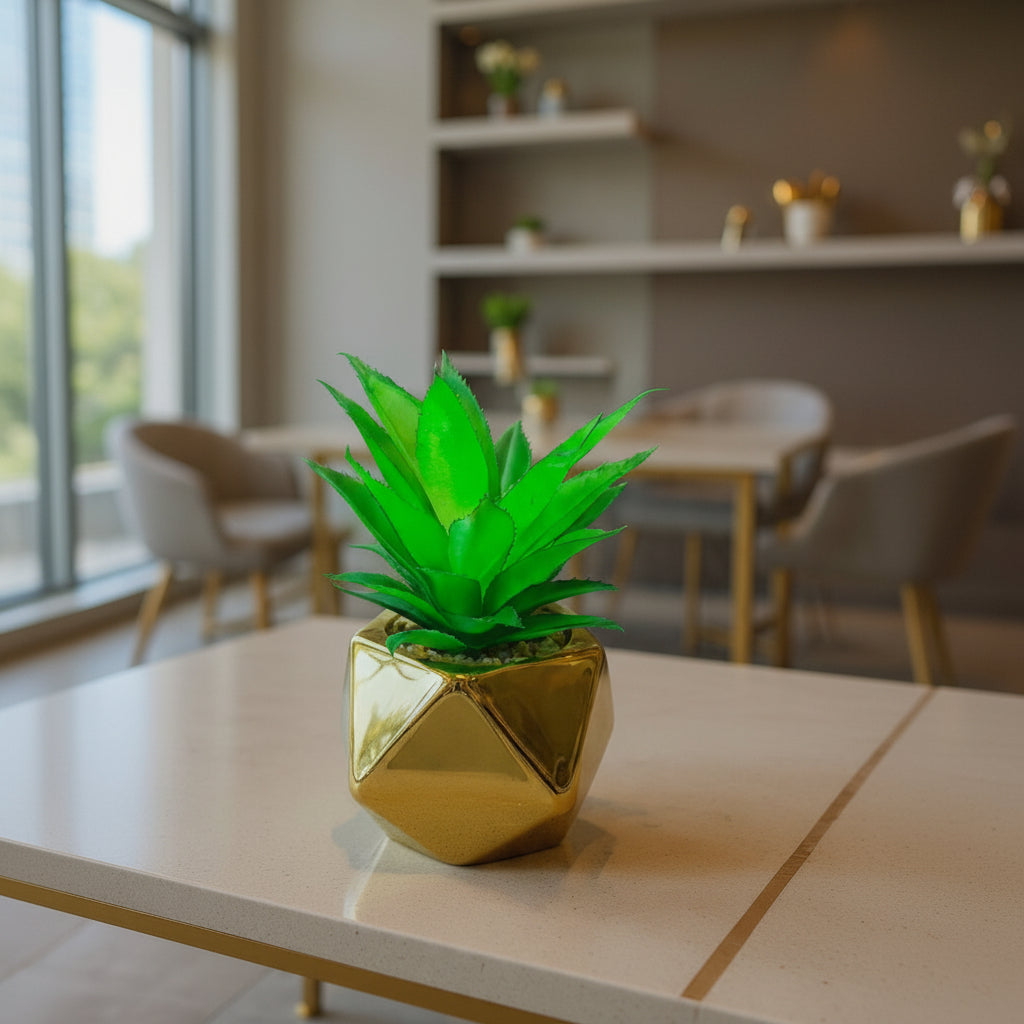 Golden Ceramic Pot with artificial Cactus Plant