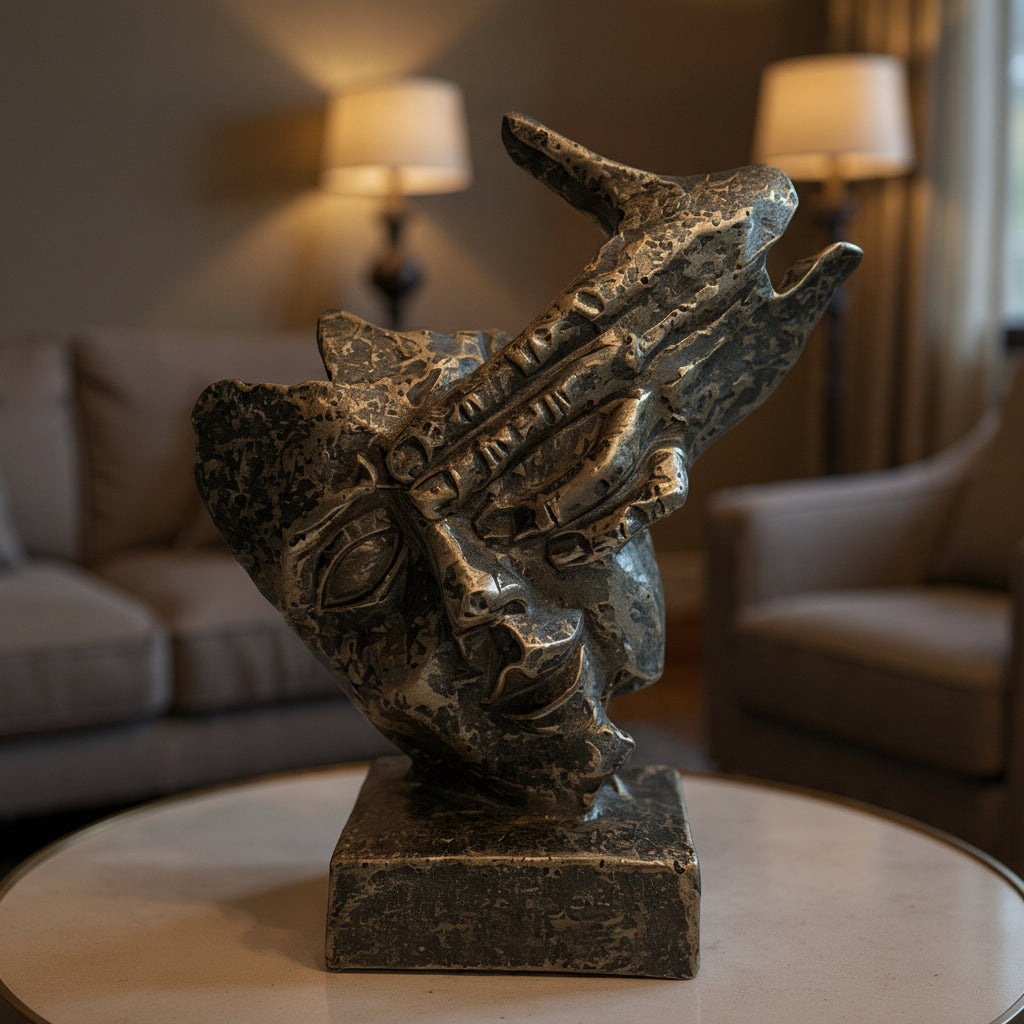 Golden-Black Vintage look Silent Face Sculpture with Hand on Eye & Forehead